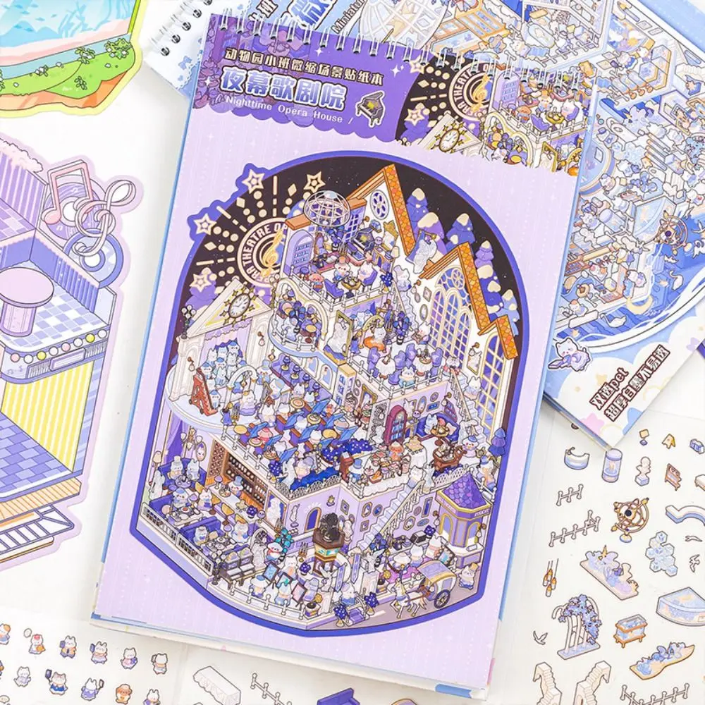 Kawaii pet coleção de cena em miniatura empilhamento visual adesivos de cena de desenho animado 3d super grande livro de adesivos de paisagem