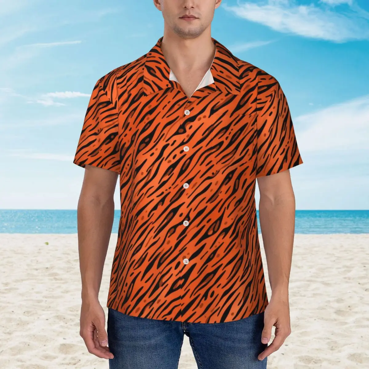 Koszula hawajska bluzki plażowe z nadrukiem zwierząt pomarańczowe Tiger Strip Vintage Casual Shirts męskie koreańskie modne ubrania z krótkim rękawem