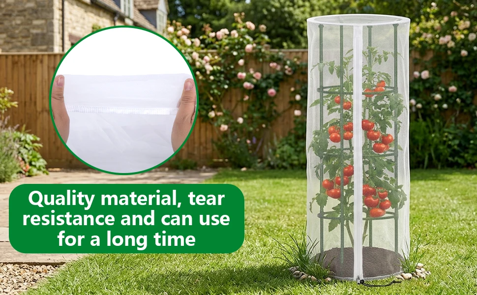 2 Pcs Garden Bird Netting Cover for Round Tomato Cage, 59' X 18' Tomato Trellis Insect Barrier Protection Mesh, Plant Cage Garden Net Cover with Zipper for Vertical Climbing Plants Vegetables Fruits
