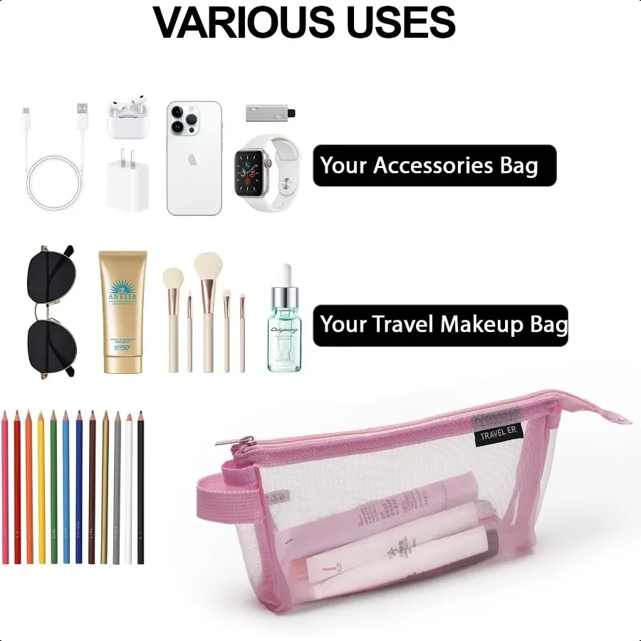 2Pack Grid Mesh Pencil Case with Handle and Zipper Double Layer Clear Pencil Pouch Travel Makeup Bag and Small Toiletry Bag for