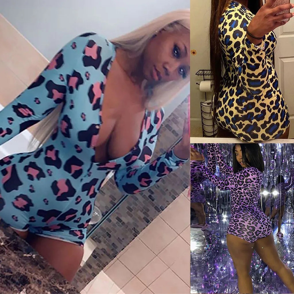 Sexy Women Sleepwear Jumpsuit Leopard Print Deep V Neck Long Sleeve Sleepwear Warm Long Sleeve Bodycon Bodysuit Adjult Romper