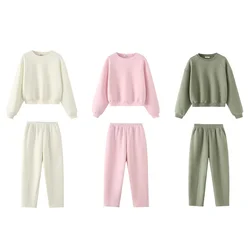 2024  Autumn  New  Product  Women's  Basic  Fabric  Round  Neck  Long  Sleeve Hoodie Casual Pants Set