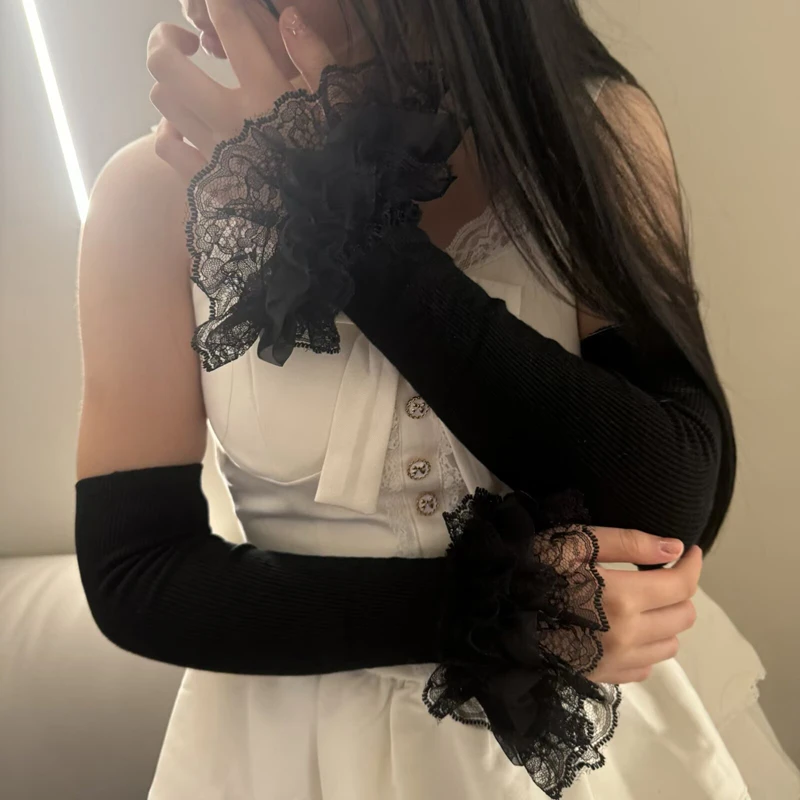 

Sweet Mesh Warm Long Fingerless Gloves Knitted Lace Arm Sleeves Elastic Ruffle Decorative Girls Lolita False Cuffs