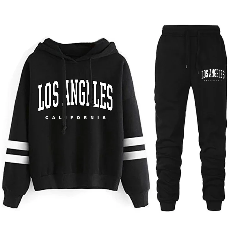 Los Angeles Womens Tracksuit Print Casual Hooded Stripe Versatile Sweatshirt or Black Pants or Suit Loose HotSales Outfits S-3XL