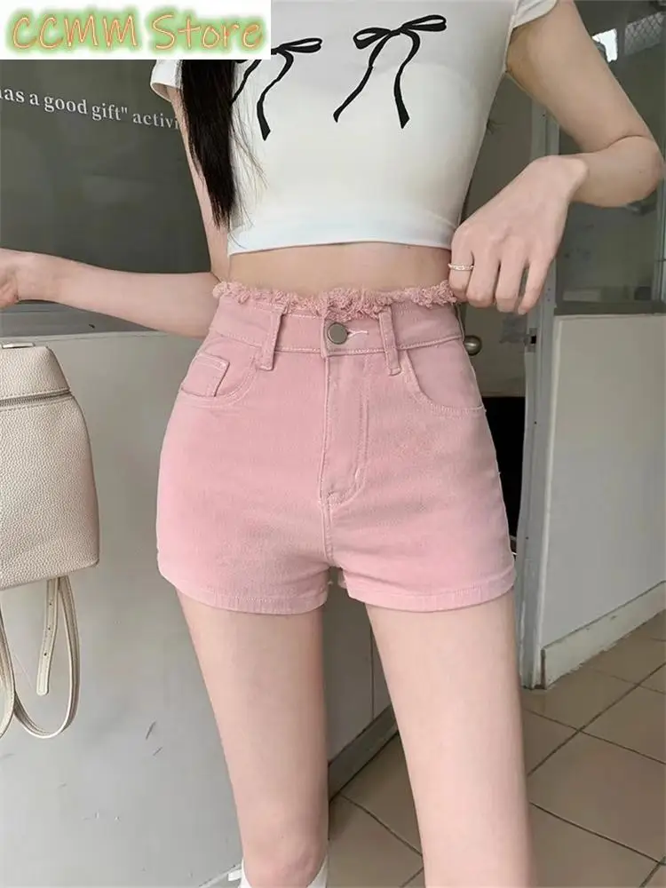 Women Bow Embroidery High Waist A-line Pink Denim Shorts Cool Girl Triangle Mini Trousers Female Wide Leg Summer Hot Pants