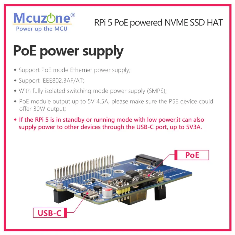 MPS2280-PoE, Raspberry Pi5 PoE powered NVME SSD HAT, PCIE M.2 NVME 2280 SSD,support 2242,2230, POE powerde 5v4.5A