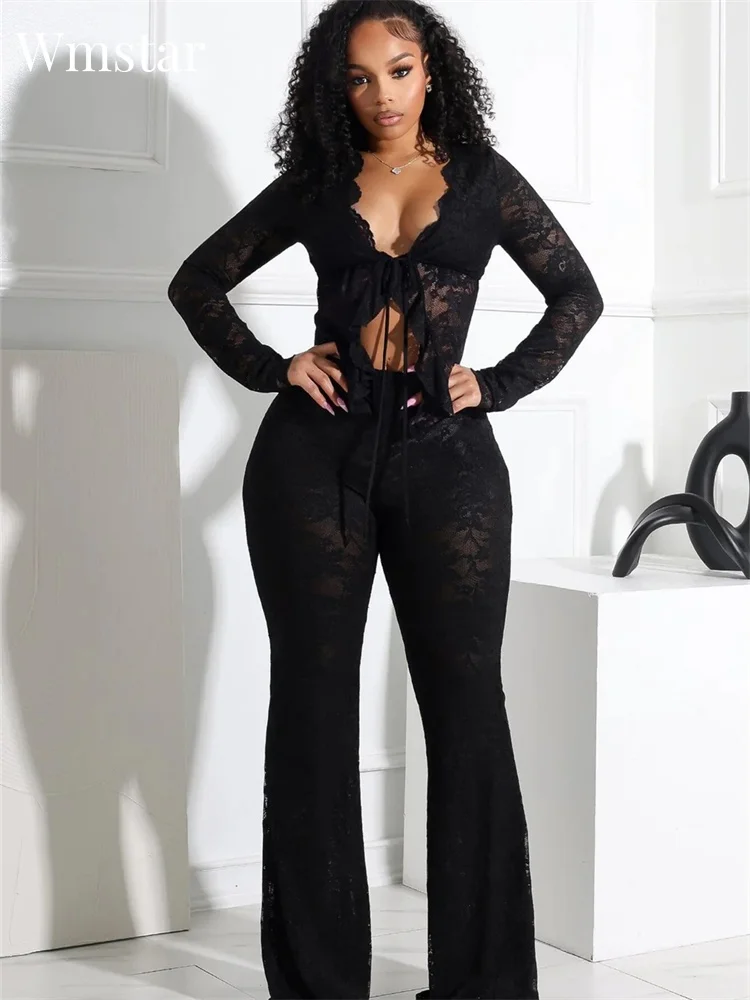 

Wmstar Two Piece Set Women Sexy Lace Mesh Hollow Out Top and Flared Pants Sets Club Outfits Matching Wholesale Dropshipping