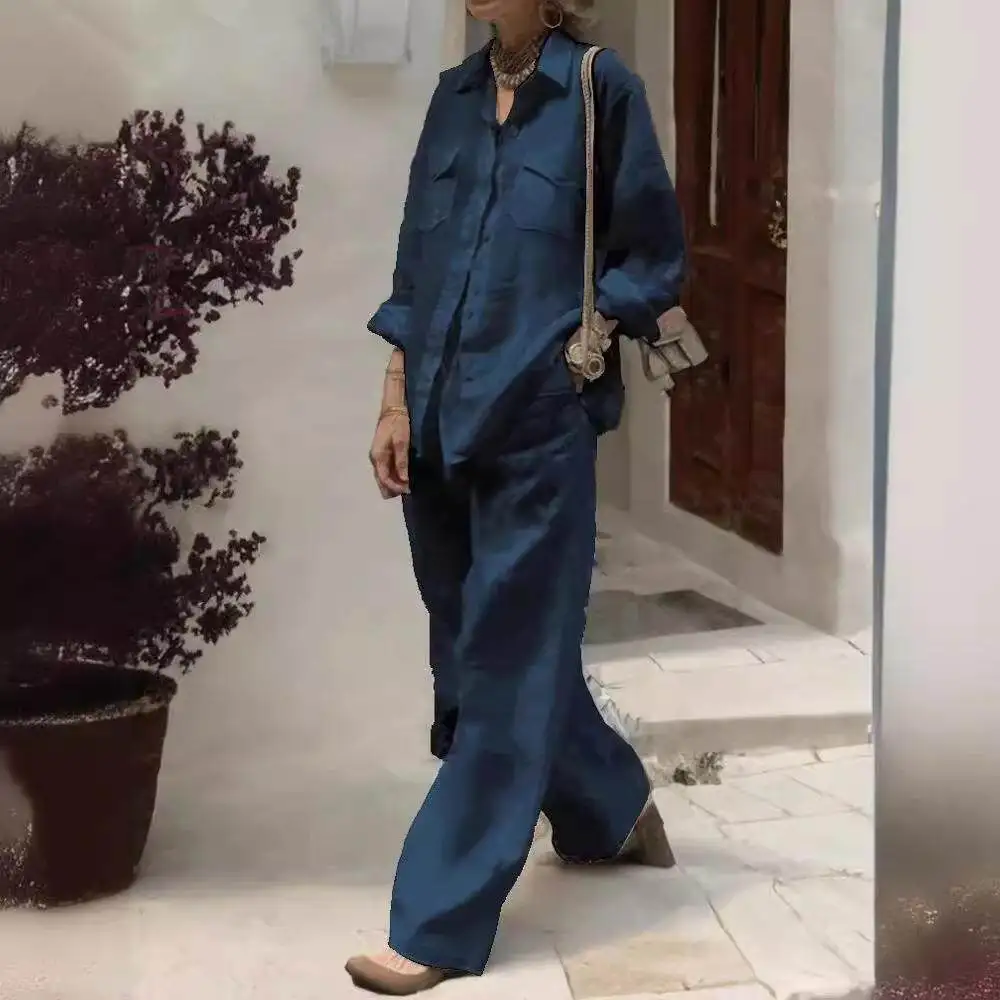 Loose Long Sleeve Shirt And Pants Two Piece Set Women's Casual Wear Autumn 2025 Cross-Border New Style Cleanfit Low Waist PVC