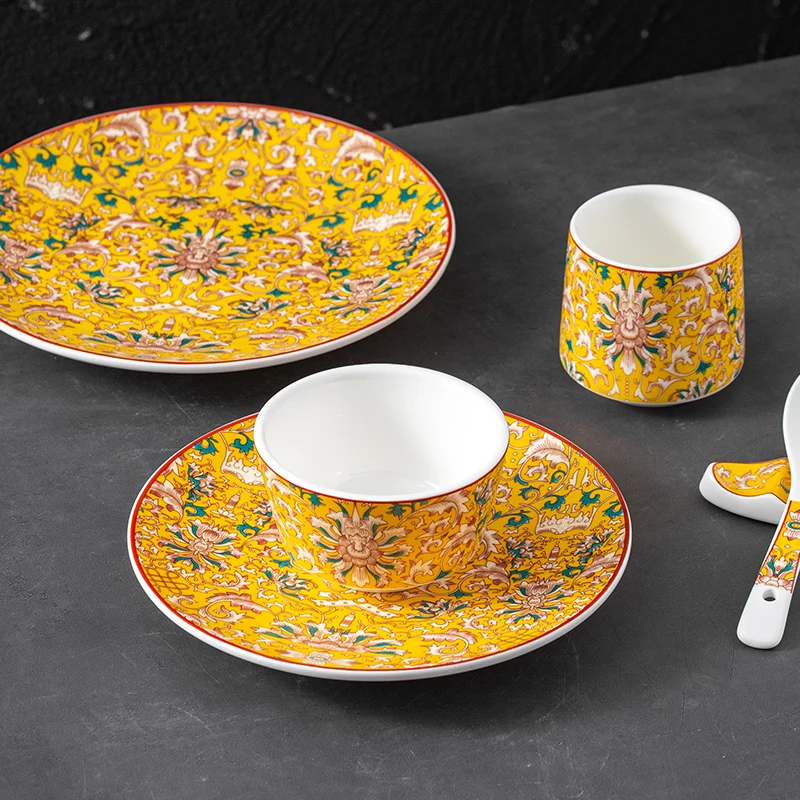 hotel clubhouse restaurant table tableware set new Chinese five-piece set retro relief colored flower ceramic dishes spoon