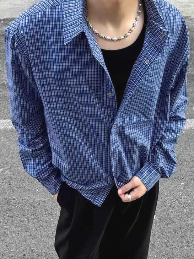 

American High Street Blue Plaid Long Sleeve Shirt Retro Cleanfit 3D Wide Hem Drawstring Workwear Shirt Youth Popular Loose Fit