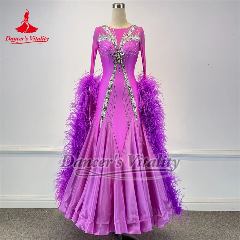 الكبار الفالس الرقص الاجتماعي الأرجواني ريشة النعام طويلة الأكمام AB الأحجار الكبيرة سوينغ فساتين فاخرة مخصصة حيوية الراقصة