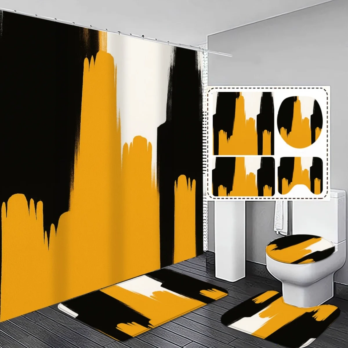 

4pcs Bathroom Decor Shower Curtain Set with Non-Slip Mat and Toilet Lid Cover, Black Yellow Abstract Design, Fabric Materia