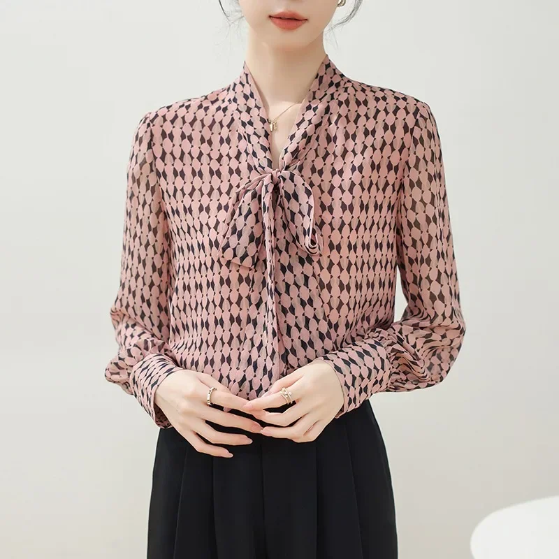 Vintage Women's Blouses Korean Version Shirts Bow Loose Spring/Summer Casual Clothing Printed Long Sleeve Women Tops