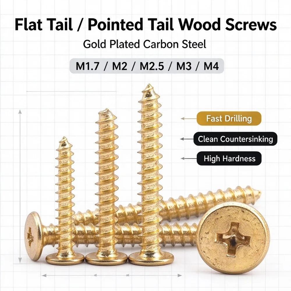 M1.7-M4 Gold Plated Carbon Steel Phillips Wafer Head Self-Tapping Wood Screw, Ultra Thin Flat Head, Flat & Pointed Tail