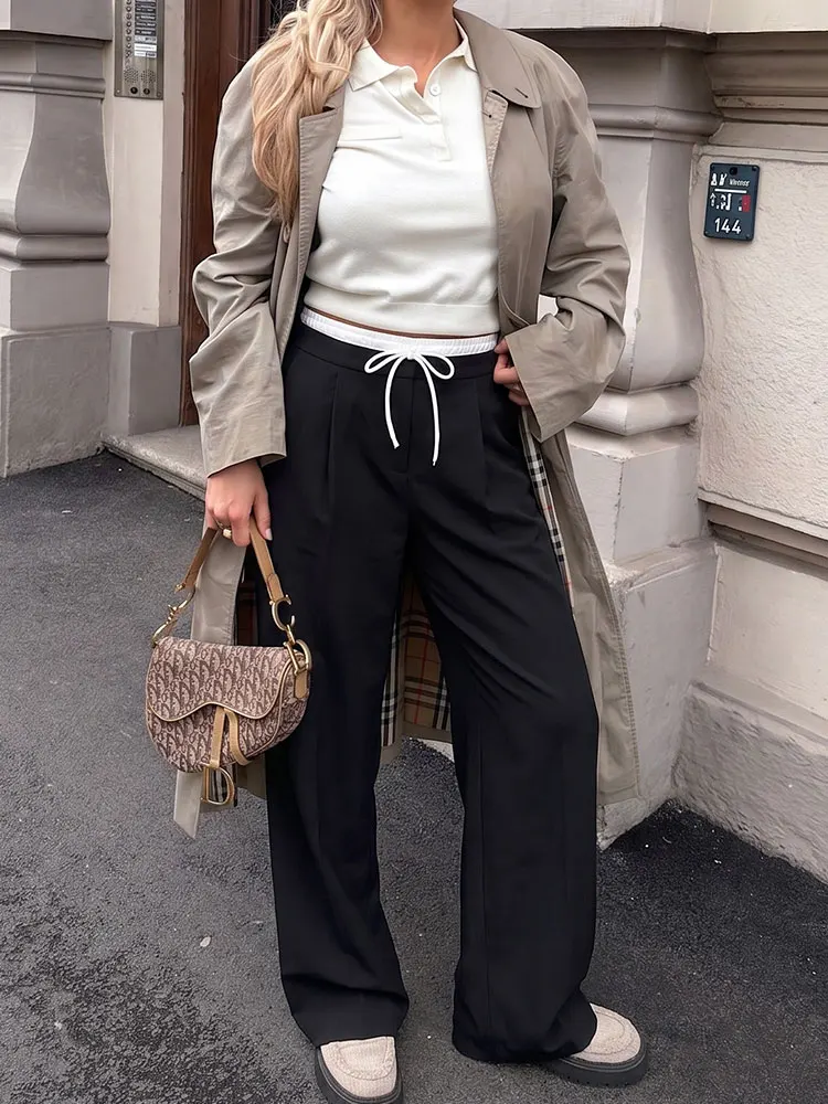 HH Womens Black High Waist Wide Leg Pants Waistband Drawstring High Street Casual Beach Vacation Fashion Party Loose Trousers
