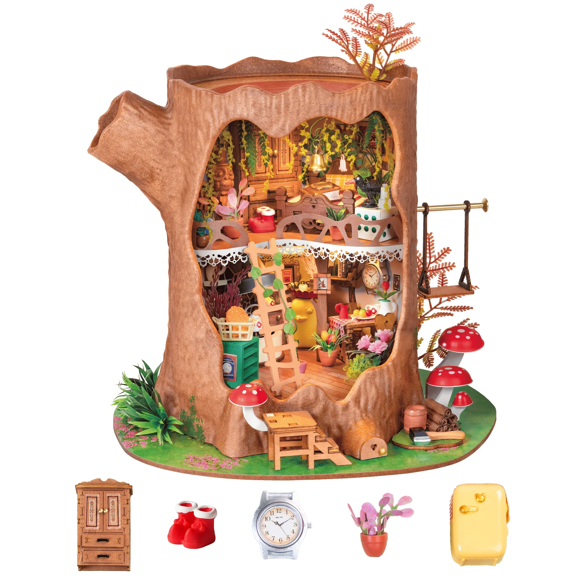 Rolife Wooden 3D Puzzle Toys Fairytale Tree DIY Miniature House Kit with LED Light for Home Decor Mini Dollhouse Craft Kit Gift for Adults Teens