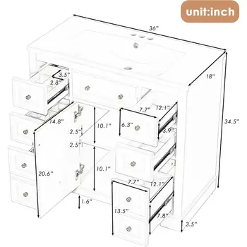 36인치 욕실 세면대 수납장 (세면대 상판 포함) 콤보 세트, 문 하나와 서랍 6개가 있는 욕실 수납장, 녹색 8 best sales 욕실 세면대 수납장 - №4