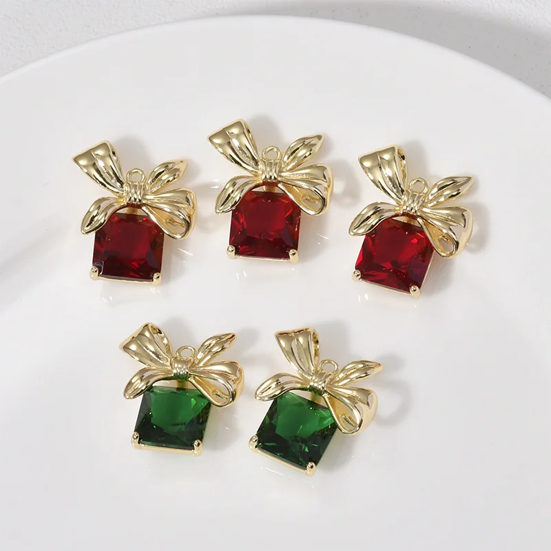 Copper Plated 14k Gold Filled Color Preserved Christmas Series Bow Gift Box Pendant DIY Bracelet Necklace Earring Accessories