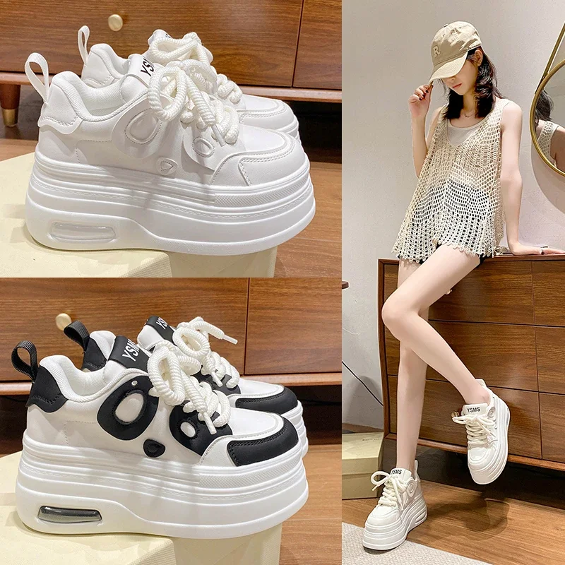 Fashion Tide 8CM High Platform Shoes Womens Chunky Sneakers Real Leather Height Increasing Sports Shoe Basketball Walking Shoe