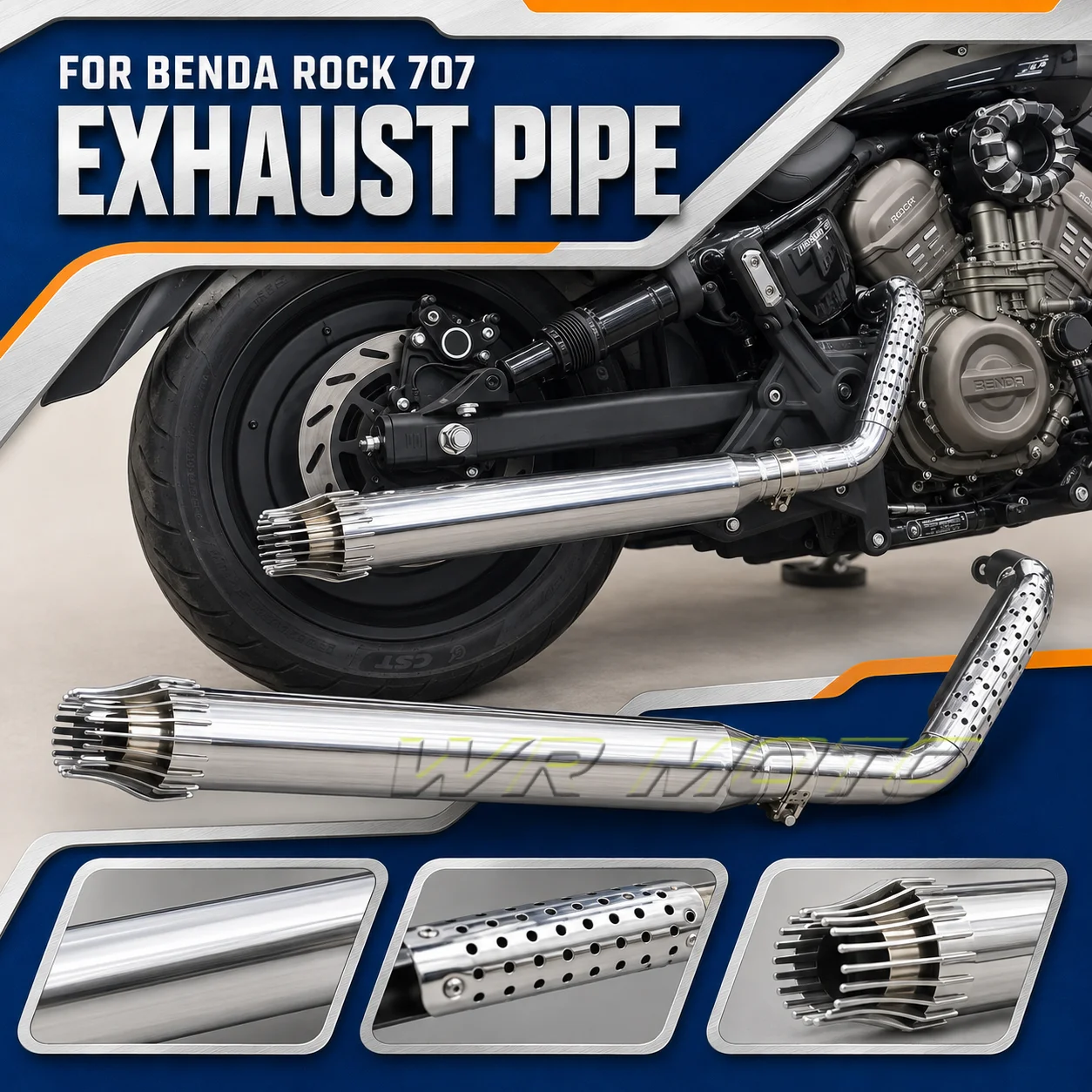 Retro Dual‑Exit Rocket Full‑System Exhaust Pipe Deep‑Throaty Sound Fit For BENDA ROCK 707 Motorcycle Mod Accessories
