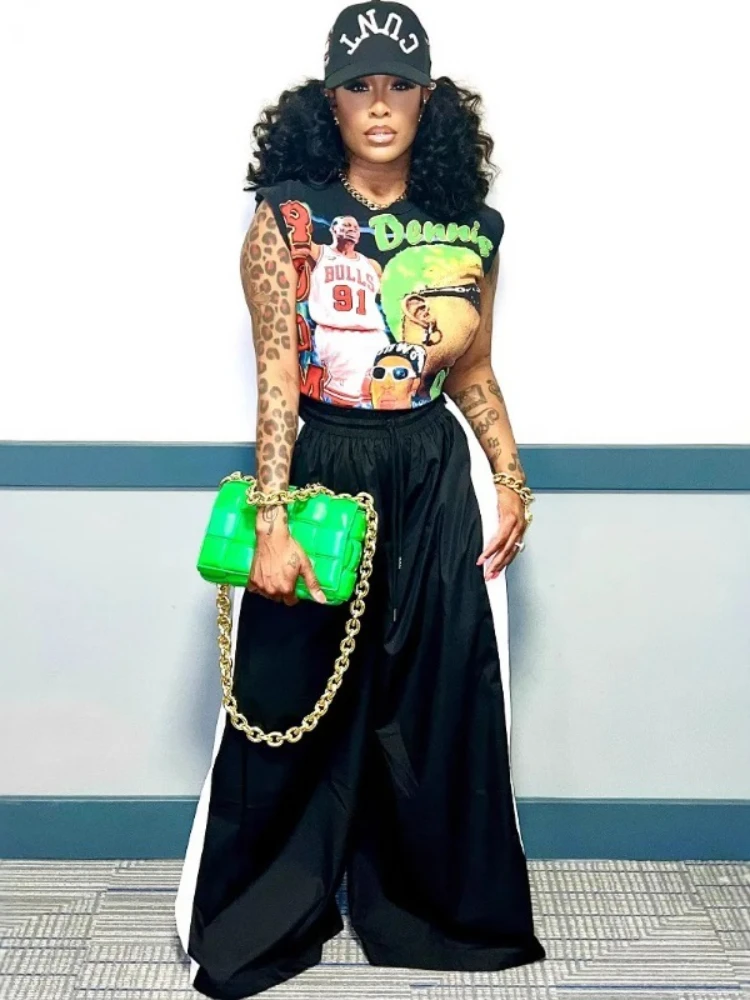 

2025 New European and American Women Clothing Street Waist Wide Legs Contrasting Color Floor Trousers