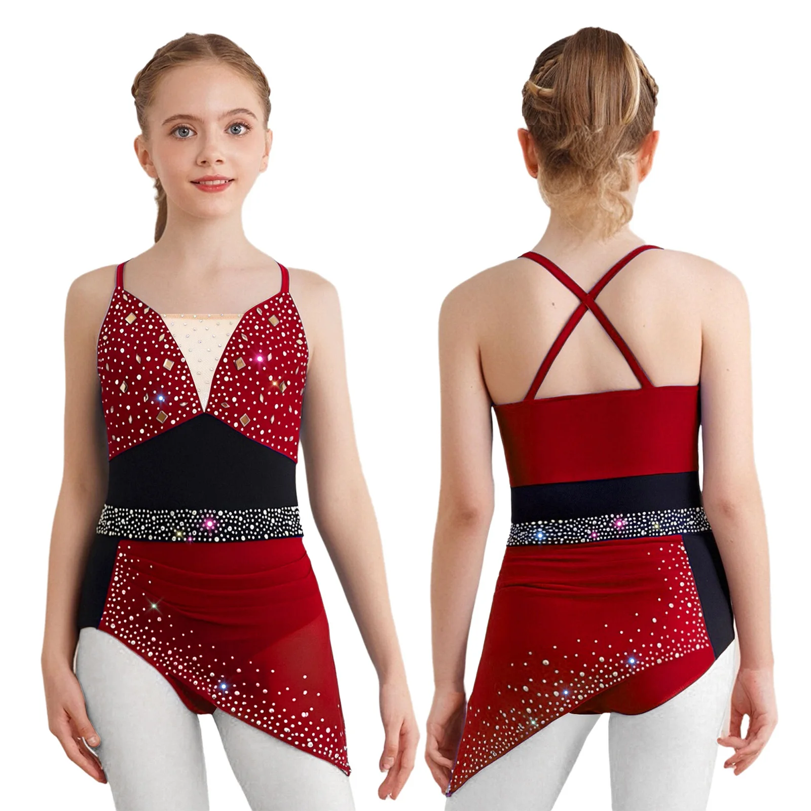 

Girls Figure Skating Lyrical Dance Performance Costume Spaghetti Straps Rhinestones Dress Ballet Rhythmic Gymnastics Leotard