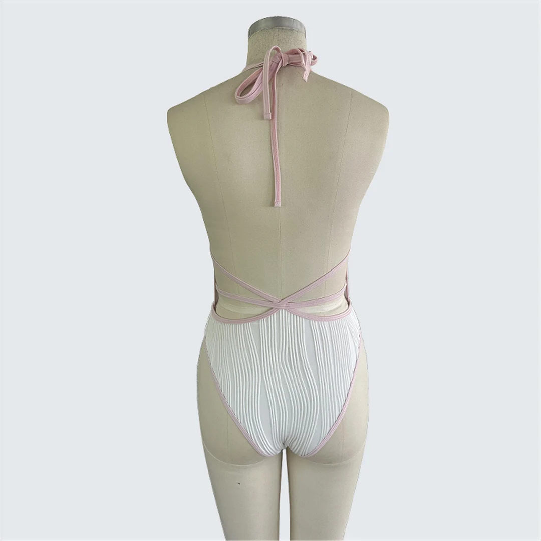 S - XXL, Badeanzug mit tiefem V-Ausschnitt und Raffungen, einteiliger Badeanzug für Damen, rückenfreier Monokini-Badeanzug, Badebekleidung, Modell V7834. – Detail 9