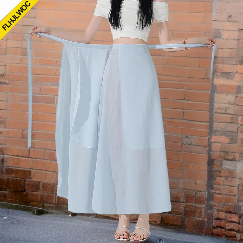 Chic Korea Clothes Summer Women Cute Sweet GIrls Solid Robe Holiday Date High Waist Retro Vintage Wrap One-Piece Lace-Up Skirts