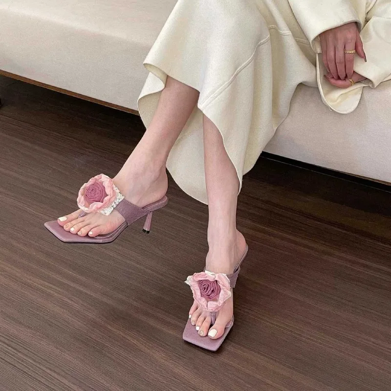 Women's Slippers Flower Decor One-word High-heeled Cool Slippers Women's Casual Fad Peep Toe Thin-heeled Sandals Sandalias Mujer