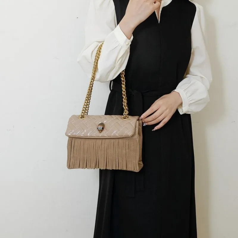 Stylish Boho Chain Crossbody Bag Maillard Color Raffia + Metallic Accent Students Campus Bag Adjustable Daily Use