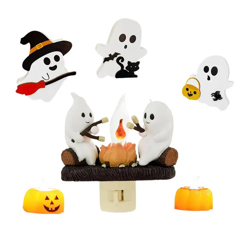 Ghost Roasting Marshmalows Campfire Flickering Nightlight Plug In Bedside Lamp Ghost Campfire Table Lamp Home Decor Accessories