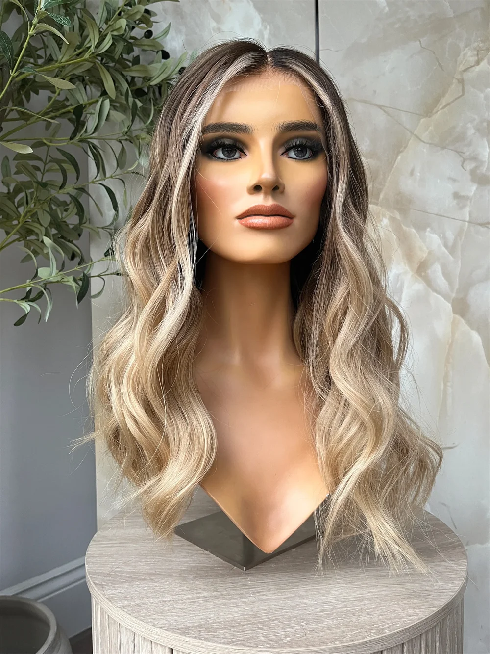 

26” Synthetic Lace Front Wig Brunette Brown Body Wave Women's Wig with Blonde Highlights Daily Use Realistic Look Dark Roots