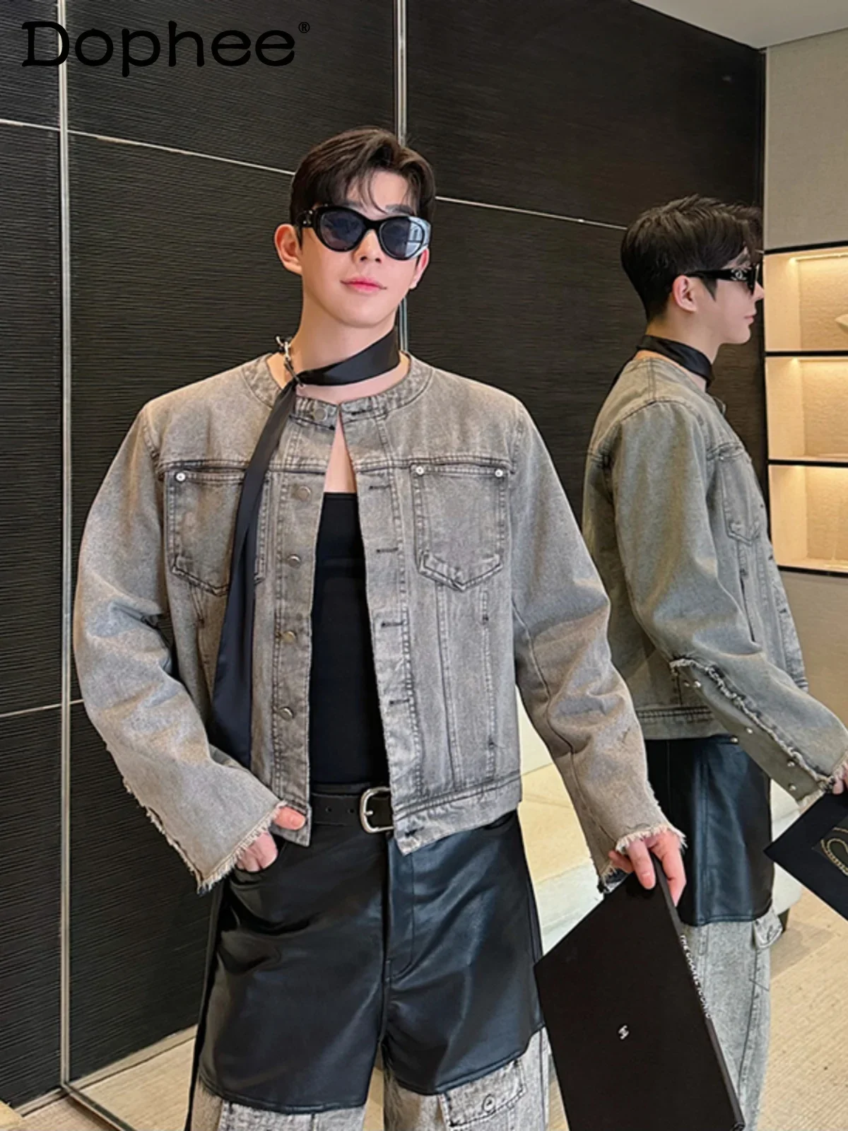 

Men's Denim Jacket Light Luxury Rough Edge Rivet Design Short Collarless Denim Jackets Men's 2024 Trendy Versatile Denim Tops