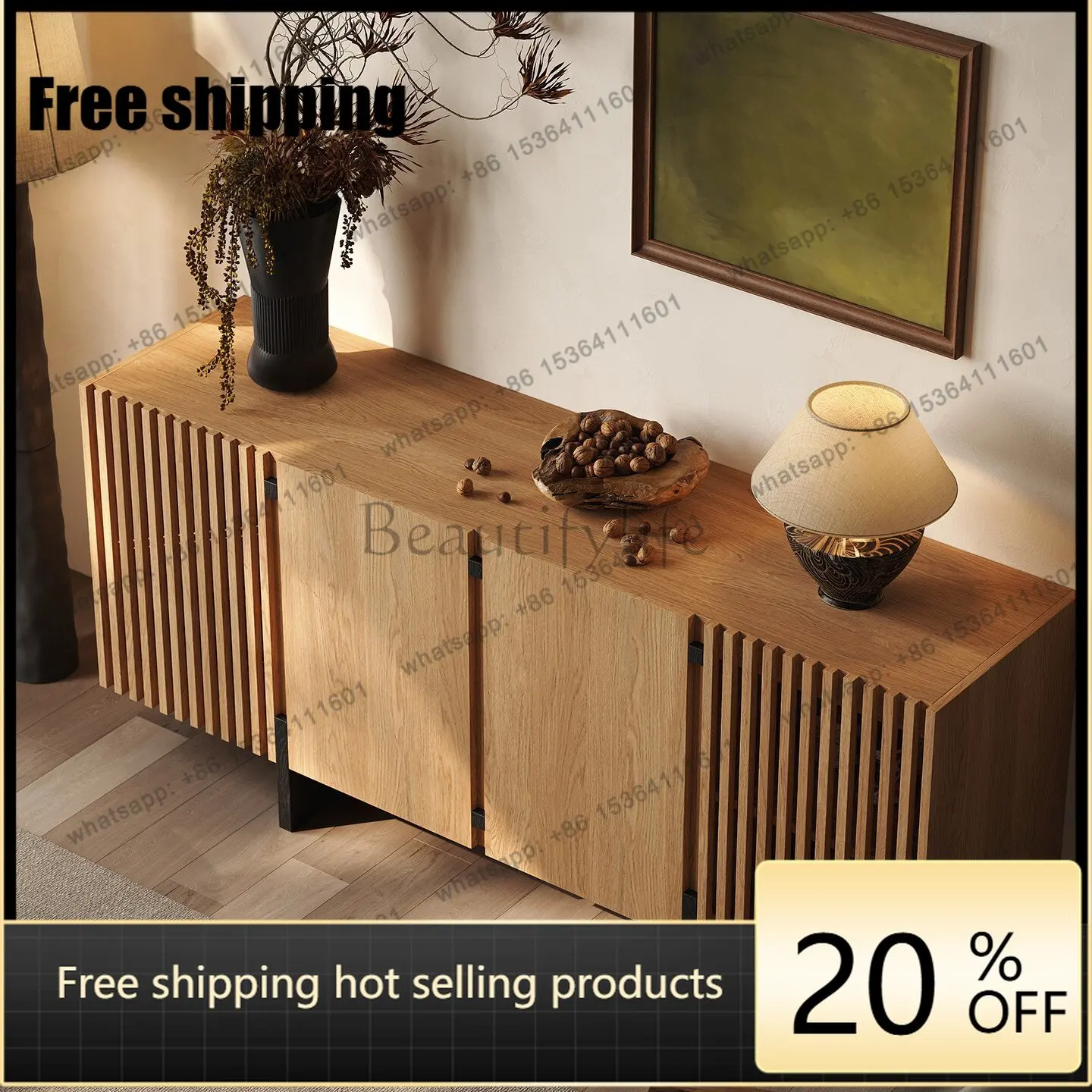 Factory Direct Log Style Japanese Solid Wood Dining Side Cabinet Simple Light Luxury Premium Sense Side Cabinet