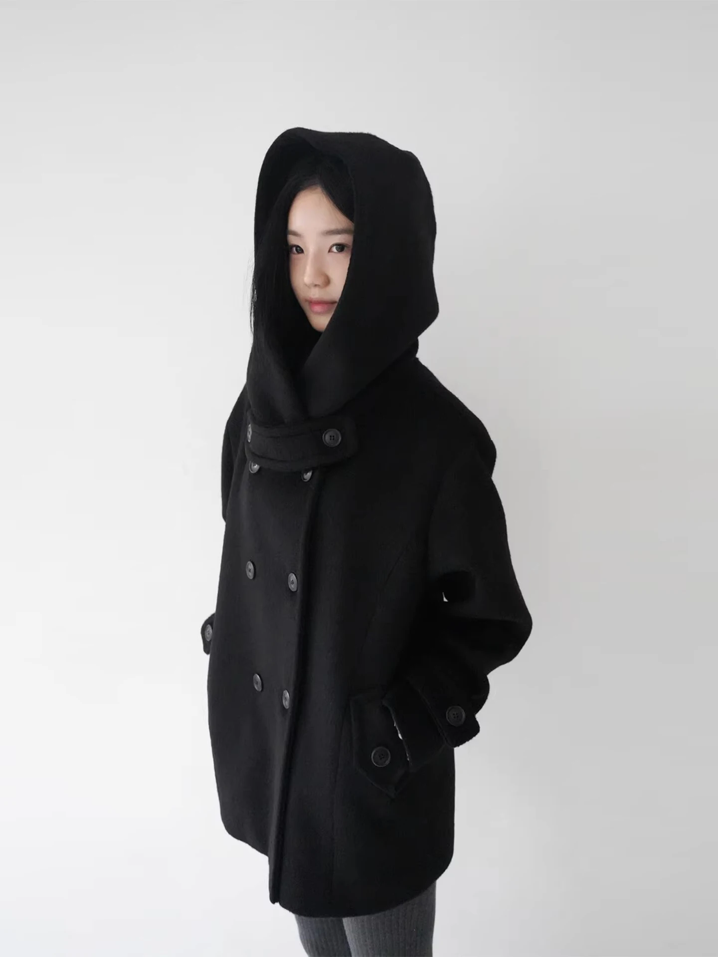Women's Hooded Woolen Coat Pure Color Double-Breasted Winter Jaet Korean Sle Loose Fit Long Sve Mid-Length Coat