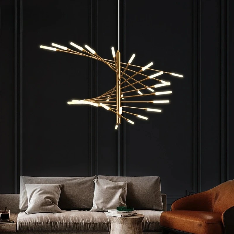 Villa Duplex LED Chandelier Hanging Adjustable Gold Black Lighting Fixture Art Firework Shape Light for Home Living room kitchen