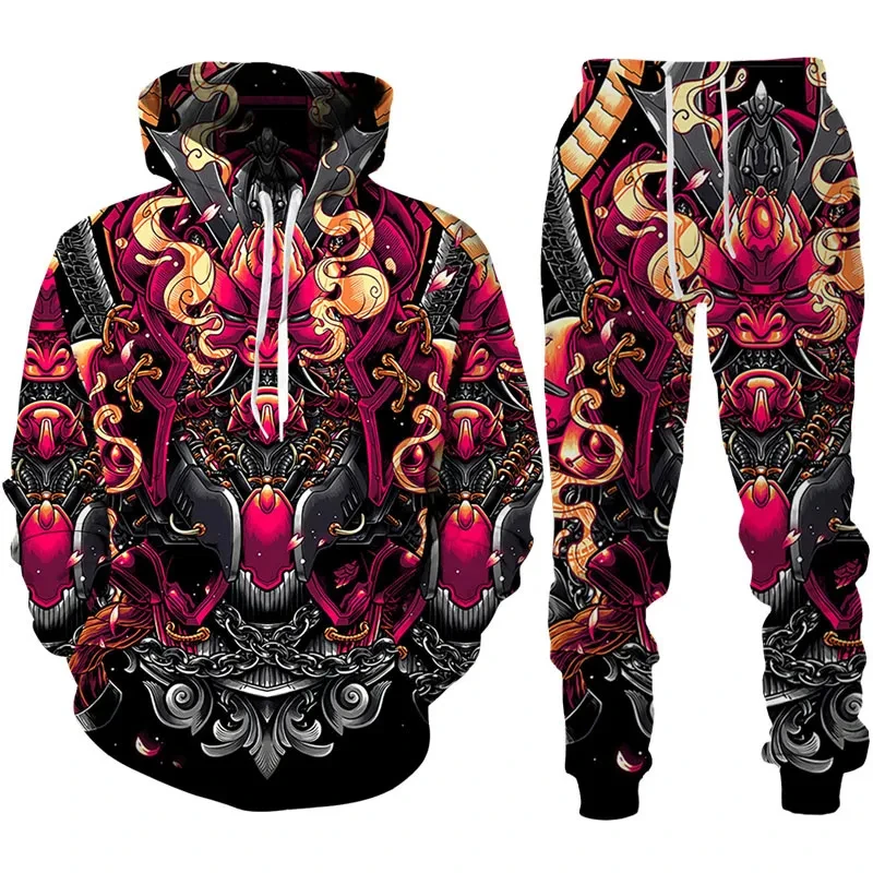 Men's Tracksuit Suits Japan Samurai Oni Mask Tattoo 3D Printed Hoodies Pants 2Pcs Outfits Oversized Sweatshirt Sets Men Clothing