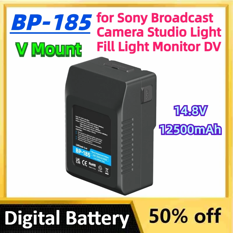 V Mount V-Lock BP-185 Battery 14.8V 12500mAh TPYE-C PD60W Fast Charge for Sony Broadcast Camera Studio Light Fill Light Monitor