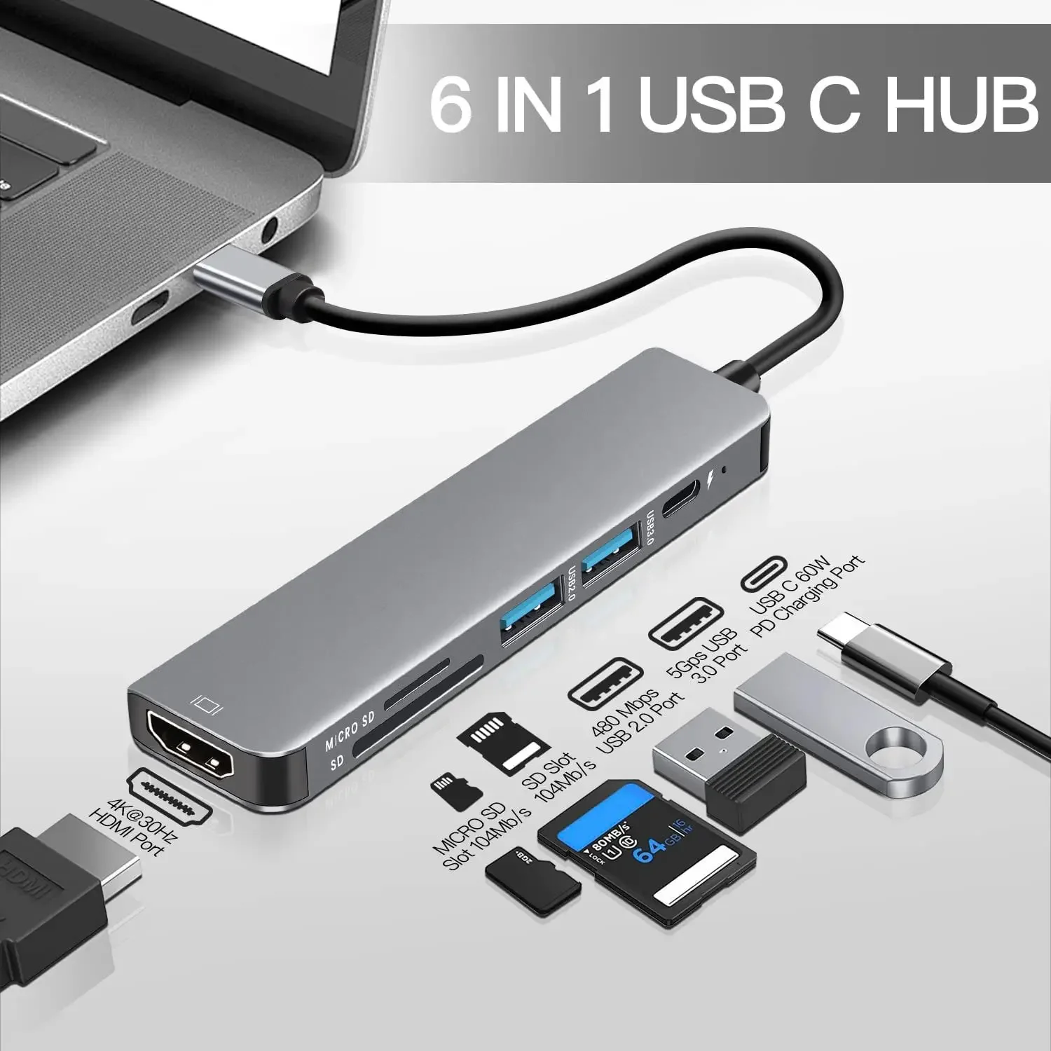 6-in-1 USB-C Hub Adapter HDTV-Compatible 4K@30Hz USB3.0 USB-C Docking Station 100W PD Charging SD Reader Witch Splitter