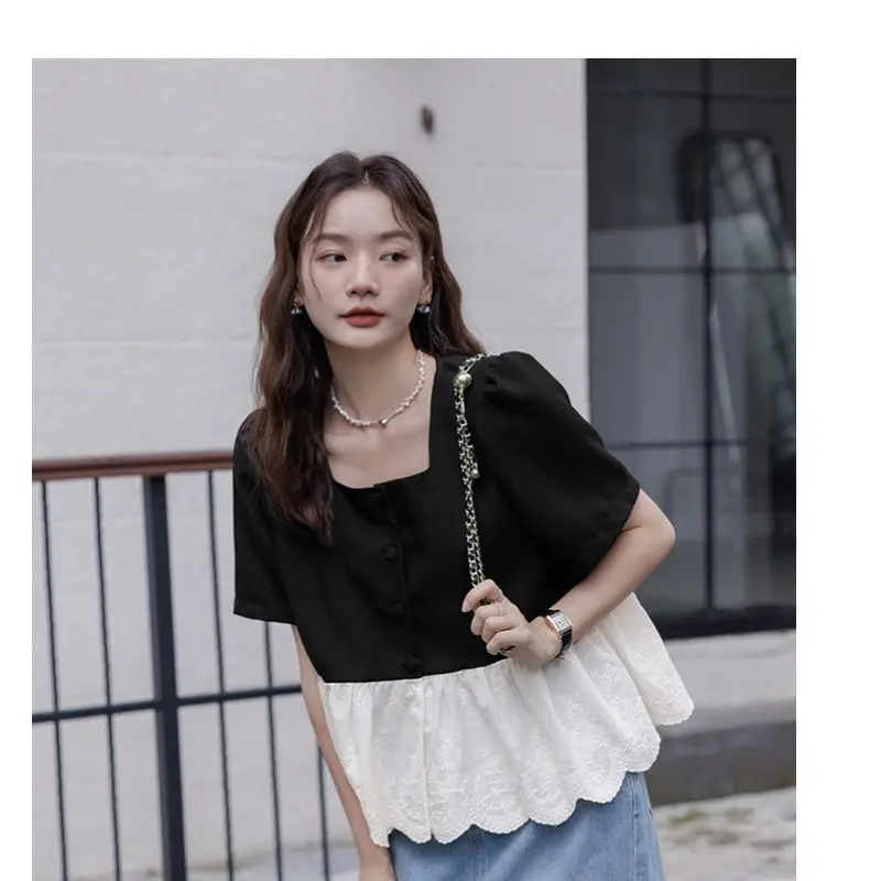 Women Solid Shirt Sweet Chic Puff Short Sleeve Female Blouse Korean Summer New Square Collar Loose All Match Spliced Crop Tops