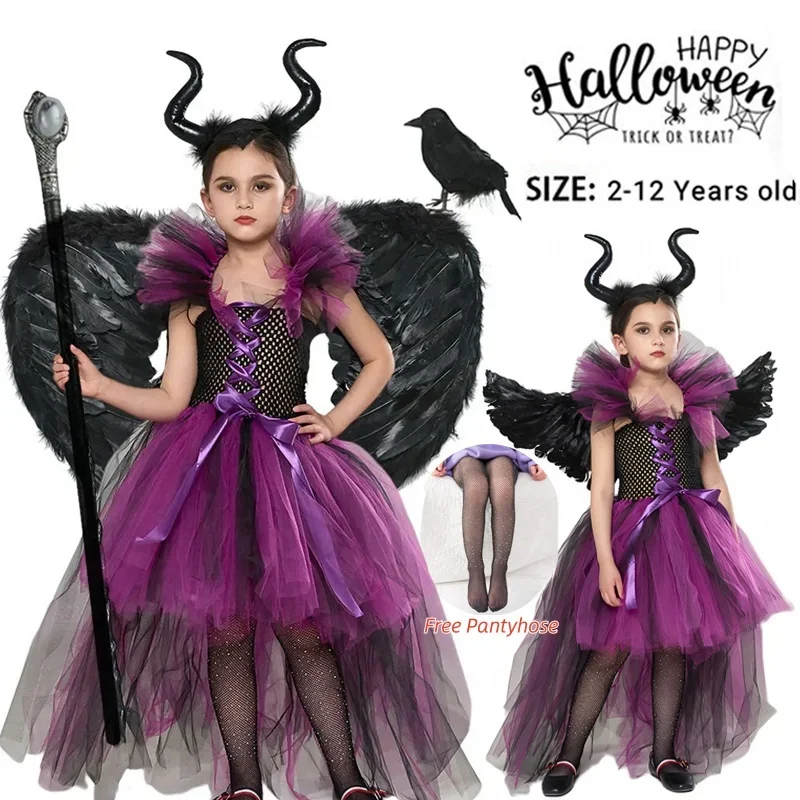 Maleficent Halloween Children Costume Tulle Dress Girls Cosplay Vestidos Party Evil Queen Mesh Princess Dress Witch Clothes