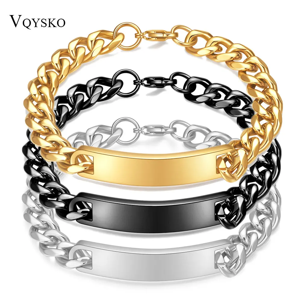 

VQYSKO Personalized Man ID Stainless steel Bracelet Engraved Name Bar Bangle Curved Skinny Custom Text Chain Men Gift