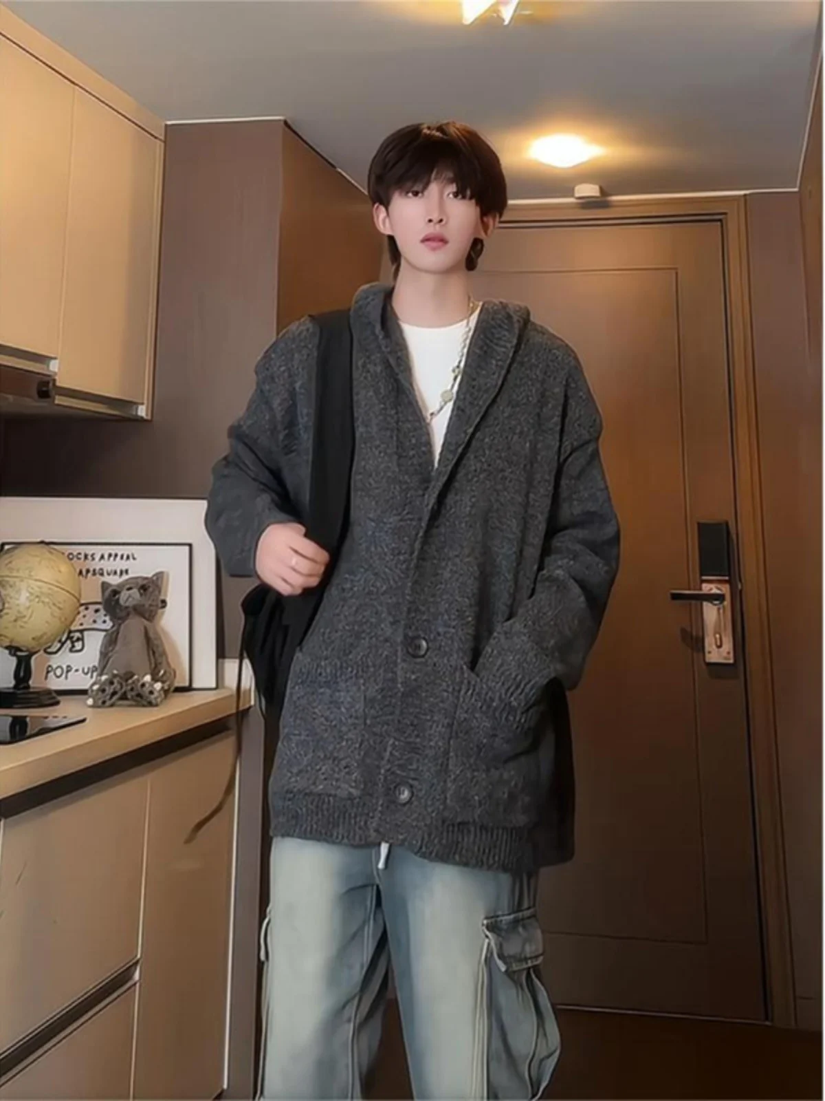 

Deep ey Hooded Knitwear Lazy High-End Winter Heavy-Look Loose Fit Men's Sweater Coat oulder-Length Casual Polyester Fiber