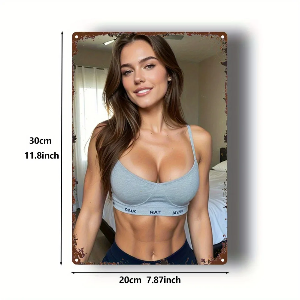 Retro Metal Tin Sign, Fit Woman in Gray Sports Bra and Workout Outfit, Vintage Fitness Wall Art Decor, 20x30cm