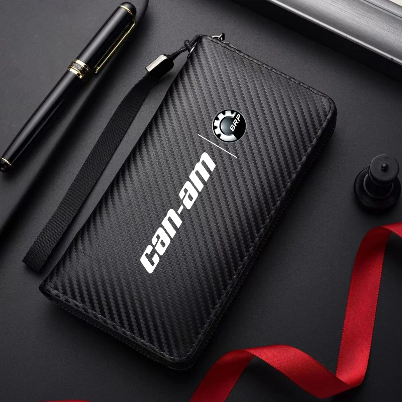 Carbon Fiber Texture Premium Leather Zipper ID Bag Car Driver's License Card Case for CAN-AM Motorcycles