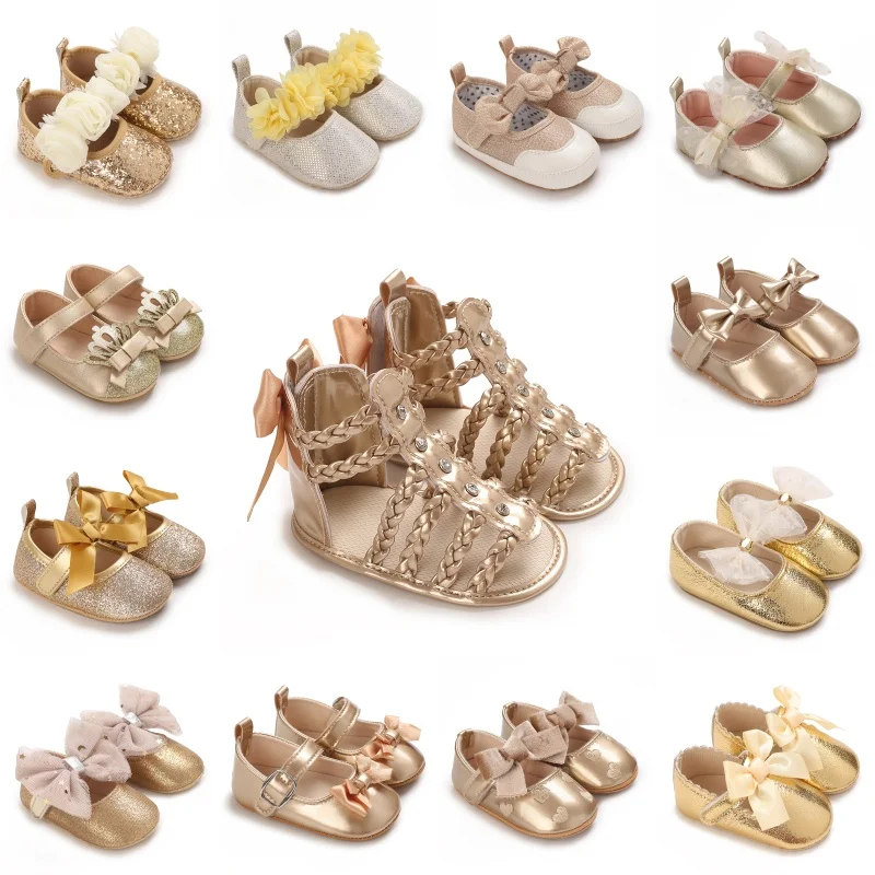 0-18M Girls\' Baby Shoes Fashionable Classic Gold Theme Princess Shoes Soft Sole Comfortable Baby Walking Shoes