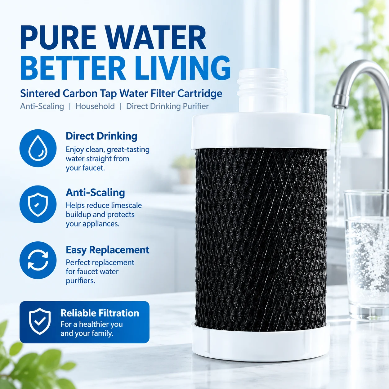 Sintered Carbon Tap Water Filter Cartridge Anti-Scaling Household Direct Drinking Purifier