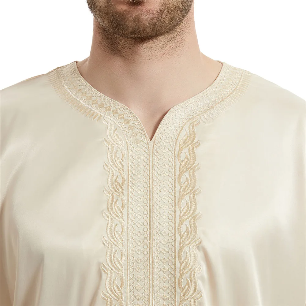 Muzułmanin dubaj Pakistan Jubba Thobe pół rękawa Kaftan Satin solidna Abaya haftowana suknia w stylu Maxi dla mężczyzn modlitwa Party Dress Ramadan