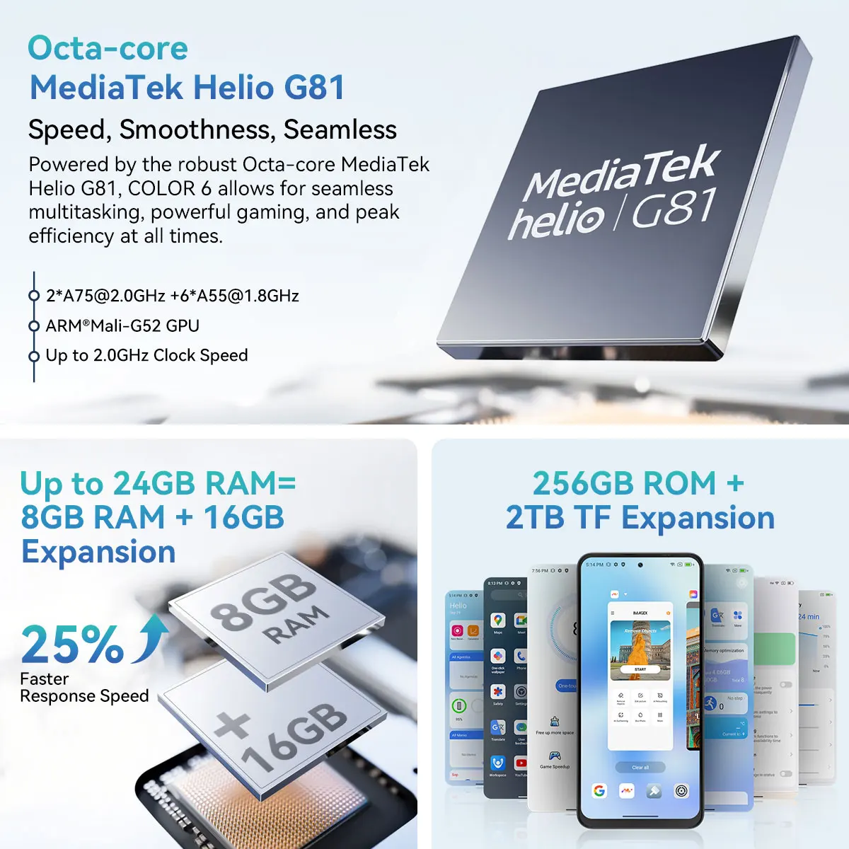 هاتف Blackview COLOR 6 AI الذكي، شاشة 6.67 بوصة، هاتف محمول Android 15 MTK G81، 8GB RAM 128GB / 256GB ROM 50MP كاميرا، 5000mAh/18W