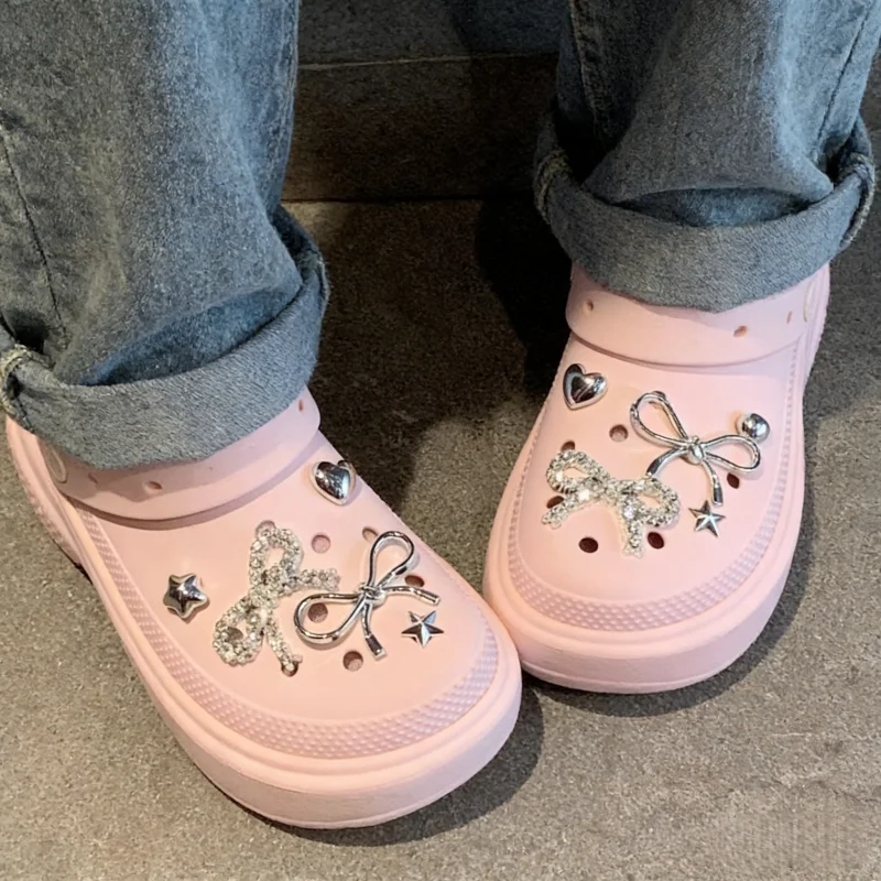 Luxury Rhinestore Bowknot Clogs Accessories Summer 2026 Y2K Metal Heart Shoes Charms Set Woman's Designer Shoes Decorations image 6